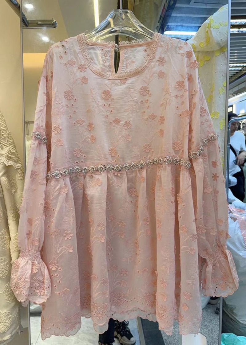 Pink Hollow Out Nail Bead Cotton Blouse Flare Sleeve