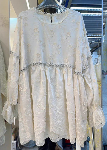 Pink Hollow Out Nail Bead Cotton Blouse Flare Sleeve