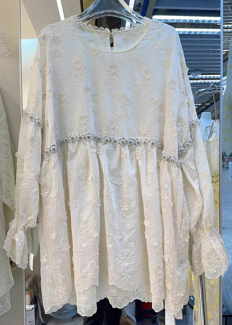 Pink Hollow Out Nail Bead Cotton Blouse Flare Sleeve