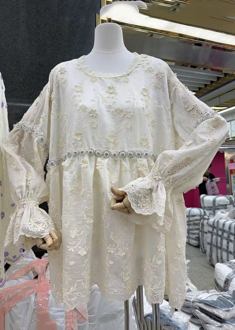 Pink Hollow Out Nail Bead Cotton Blouse Flare Sleeve