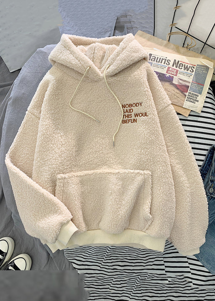 Pink Hooded Letter Pockets Teddy Faux Fur Sweatshirt Spring