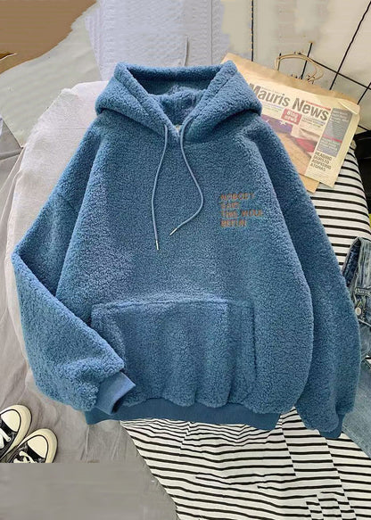 Pink Hooded Letter Pockets Teddy Faux Fur Sweatshirt Spring