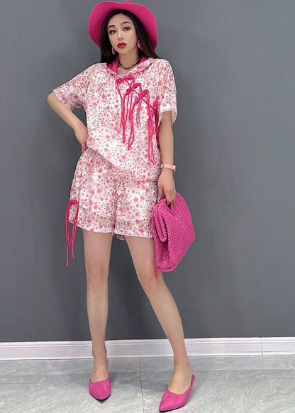Pink Hooded Print Oriental Button Cotton Tanks and Shorts Two Piece Suit Set Summer