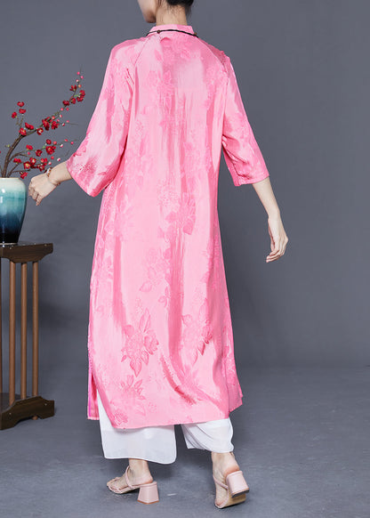 Pink Mandarin Collar Chinese Button Jacquard Silk Dress Summer
