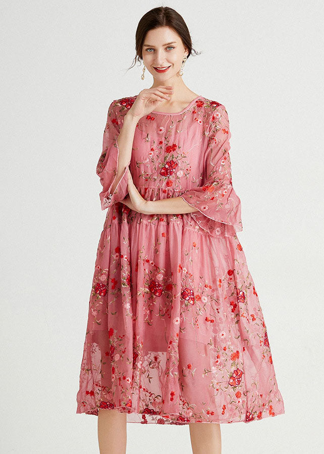 Pink O-neck Embroideried Lace Dresses Two Piece Set Summer