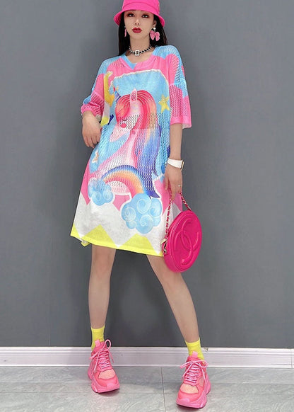 Pink O-neck Horse Print Oversized Vacation Dress Short Sleeve