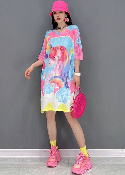 Pink O-neck Horse Print Oversized Vacation Dress Short Sleeve