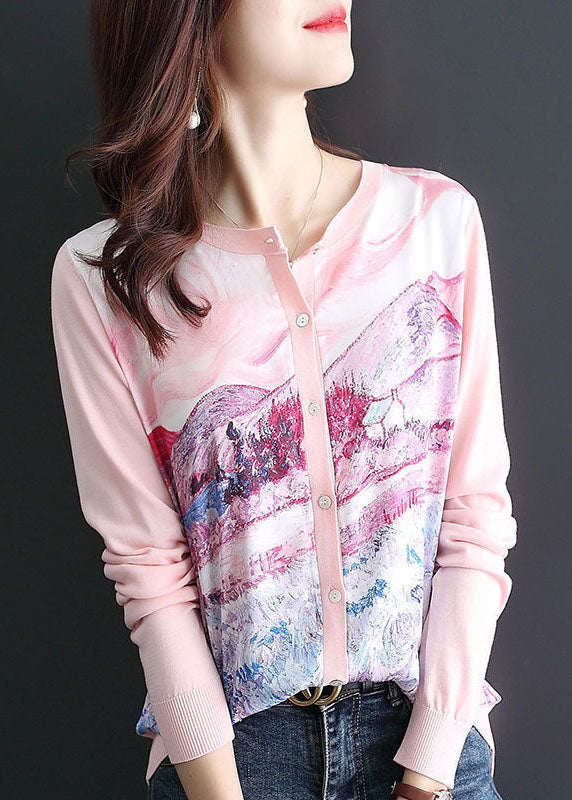 Pink O-neck Patchwork Knit Cardigan Spring