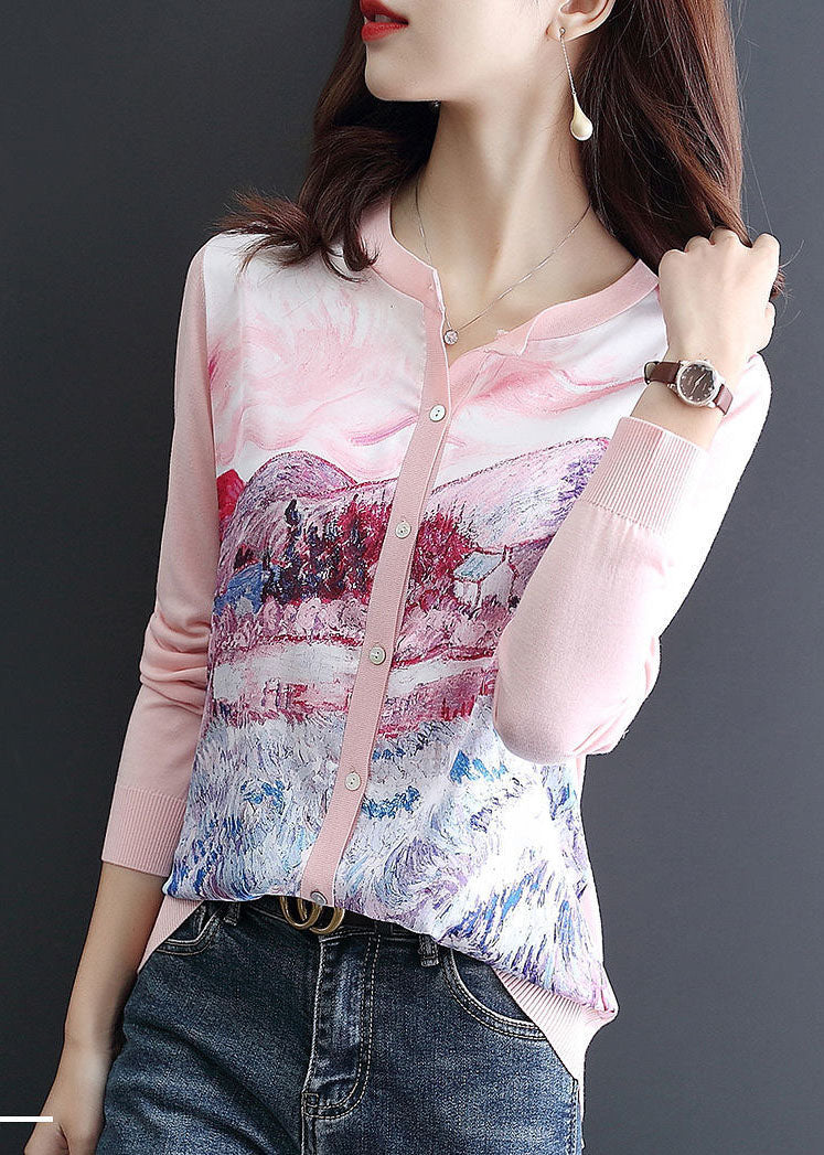 Pink O-neck Patchwork Knit Cardigan Spring