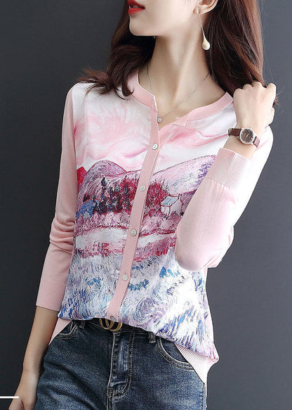 Pink O-neck Patchwork Knit Cardigan Spring