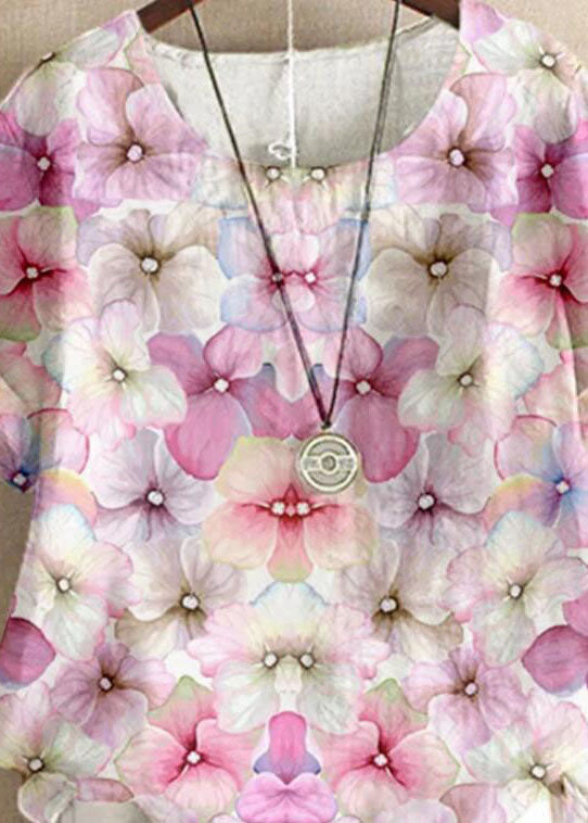 Pink O Neck Print Patchwork Linen T Shirt Top Summer