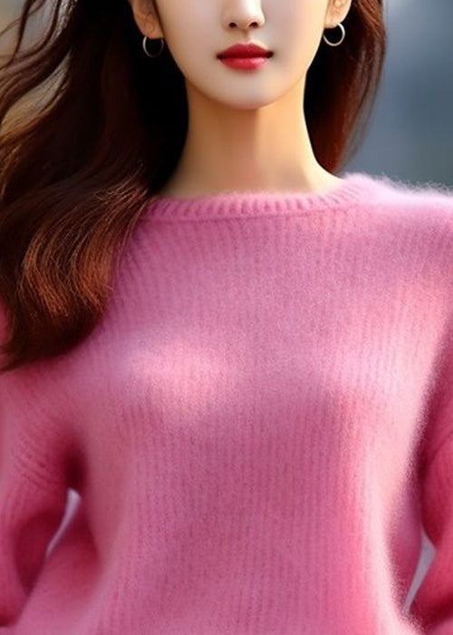 Pink O Neck Cotton Knit Sweaters Spring