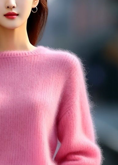 Pink O Neck Cotton Knit Sweaters Spring