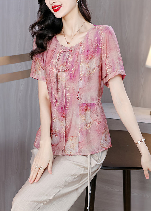 Pink O-neck Tasseled Print Linen Shirt Summer