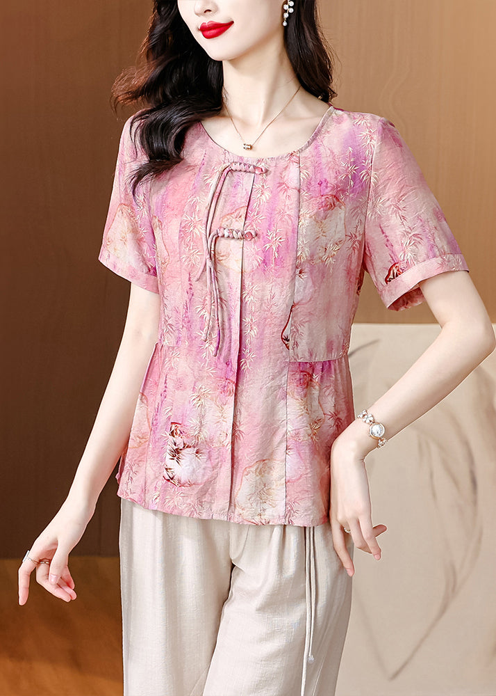 Pink O-neck Tasseled Print Linen Shirt Summer