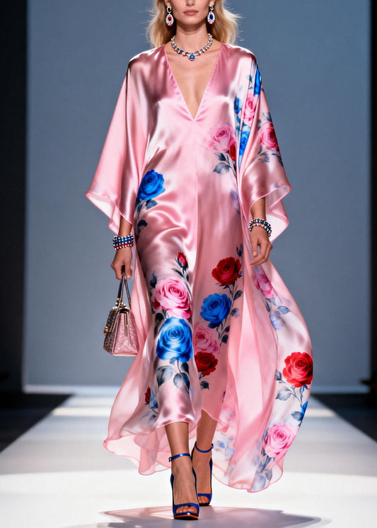 Pink Oversized Flower Print Chiffon Party Dress Summer