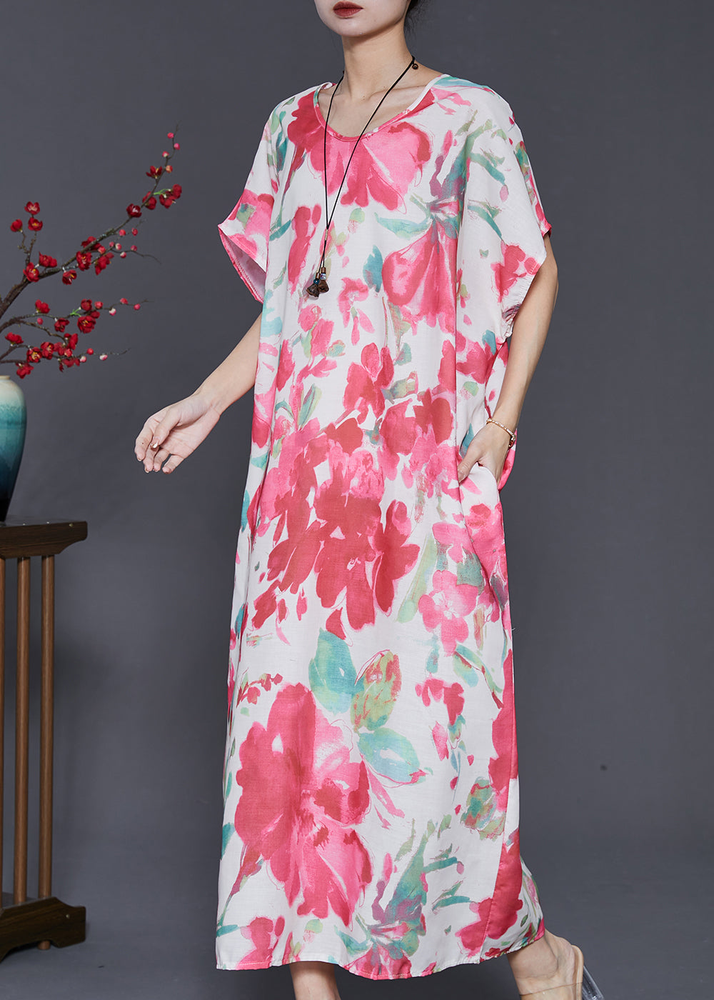 Pink Oversized Print Cotton Vacation Dresses Summer