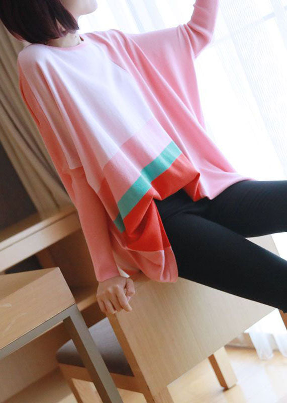 Pink Oversized Print Knit Tops Spring