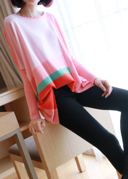 Pink Oversized Print Knit Tops Spring