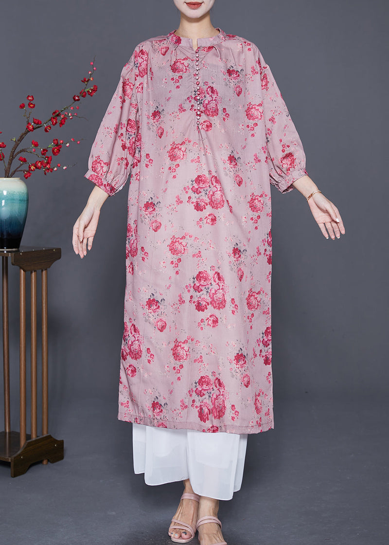 Pink Oversized Print Linen Maxi Dresses Bracelet Sleeve