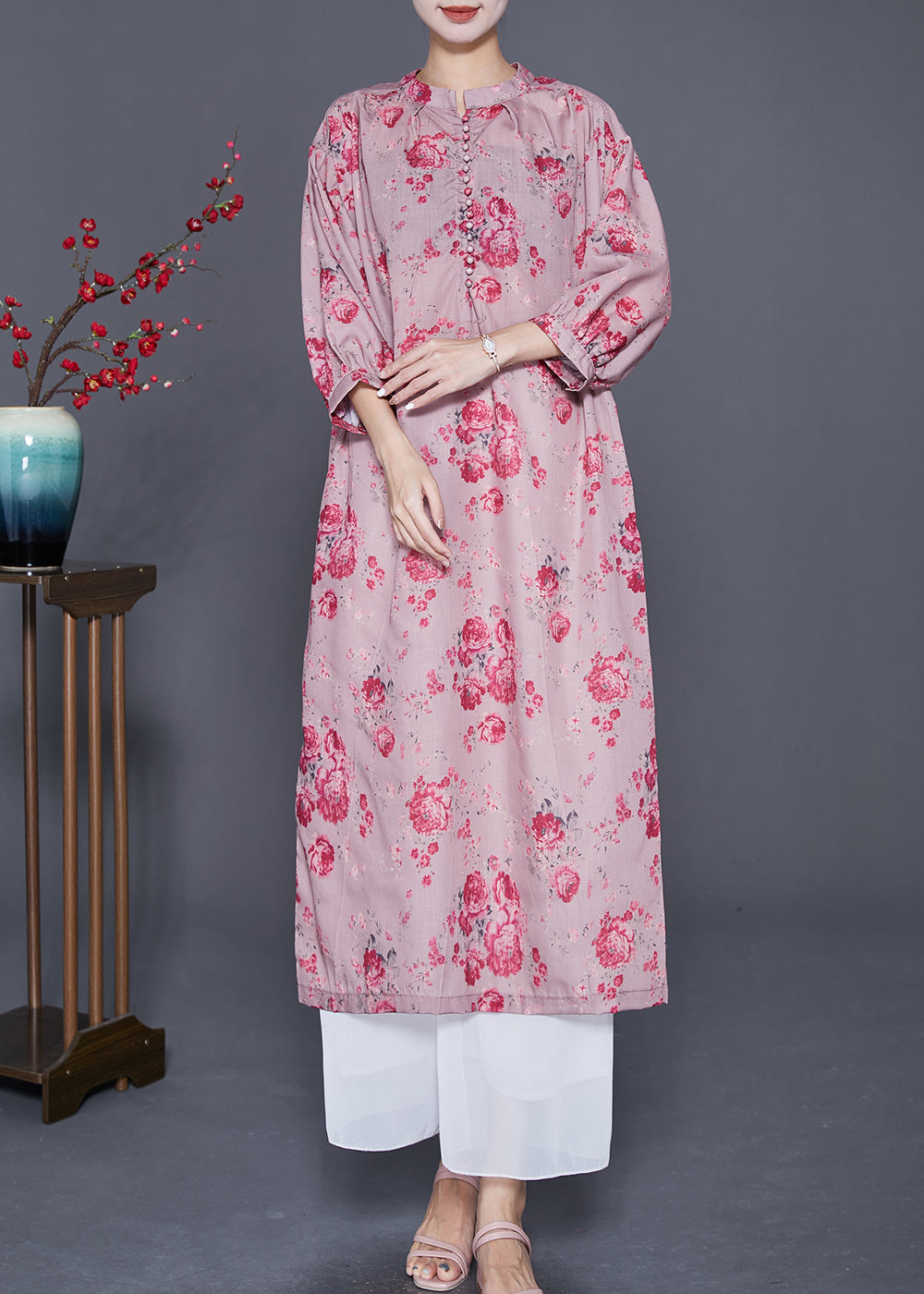 Pink Oversized Print Linen Maxi Dresses Bracelet Sleeve