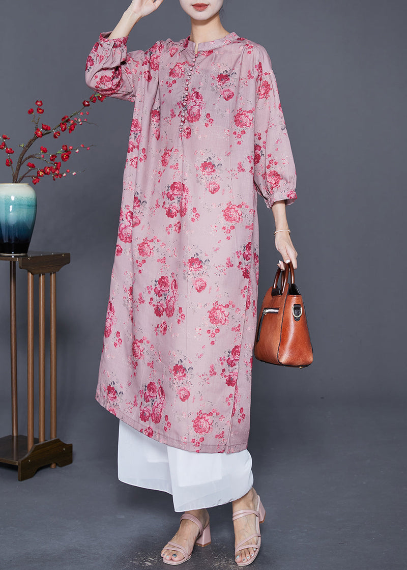 Pink Oversized Print Linen Maxi Dresses Bracelet Sleeve