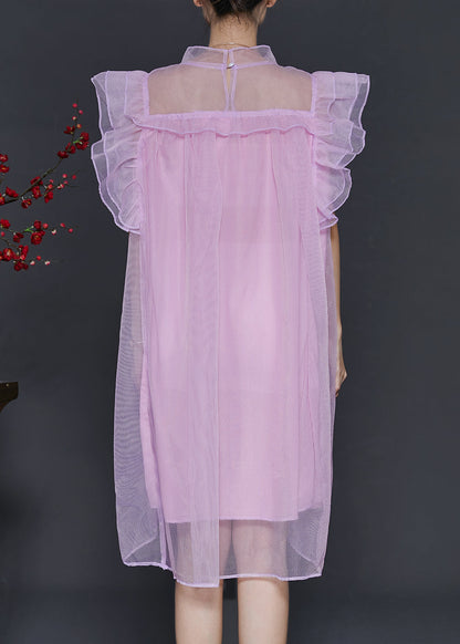 Pink Oversized Tulle Vacation Dress Butterfly Sleeve