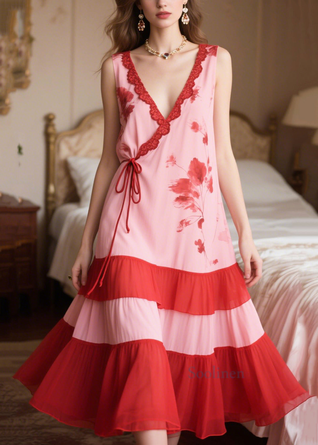 Pink Patchwork Tie Waist Chiffon Maxi Dresses Sleeveless