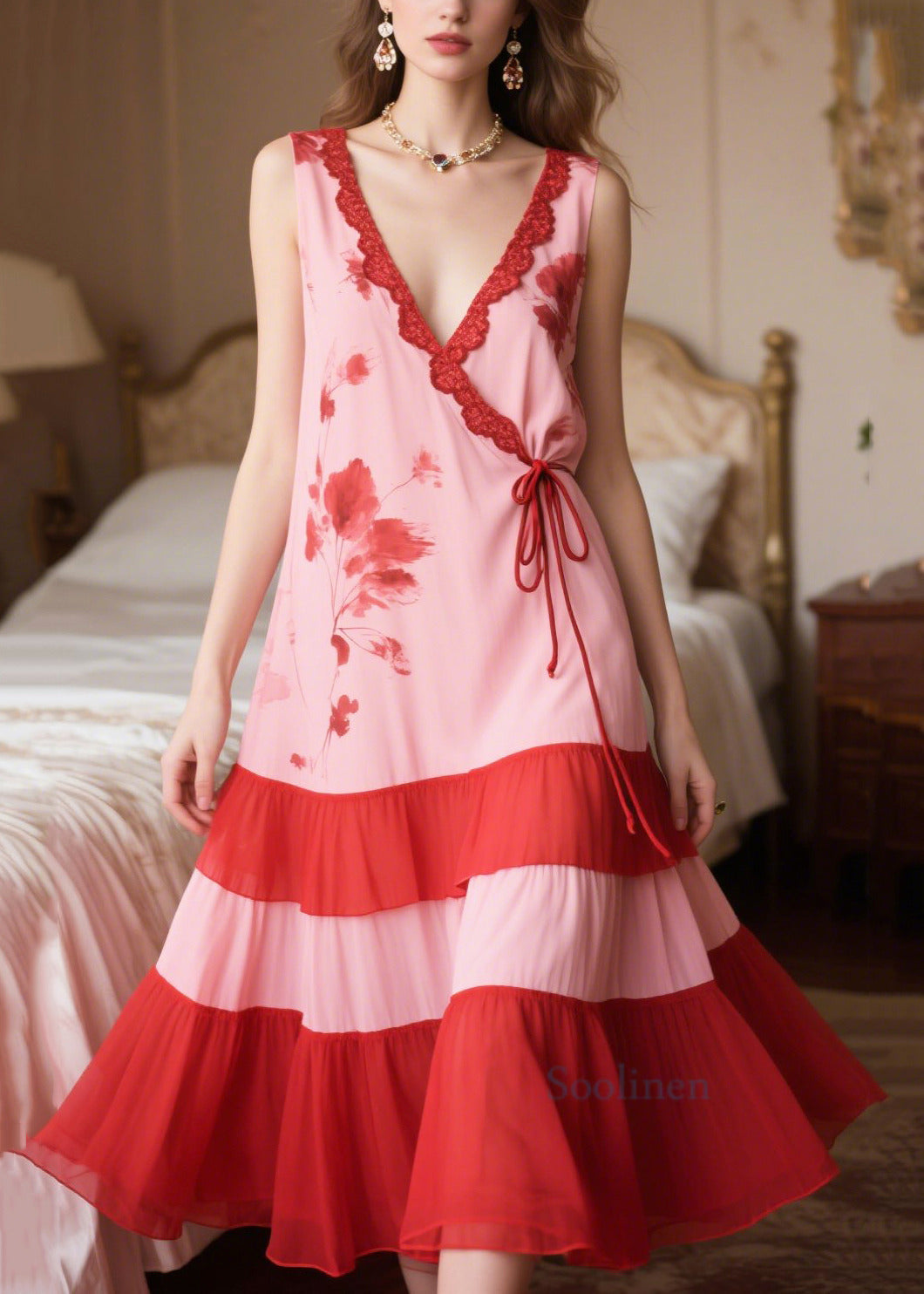 Pink Patchwork Tie Waist Chiffon Maxi Dresses Sleeveless