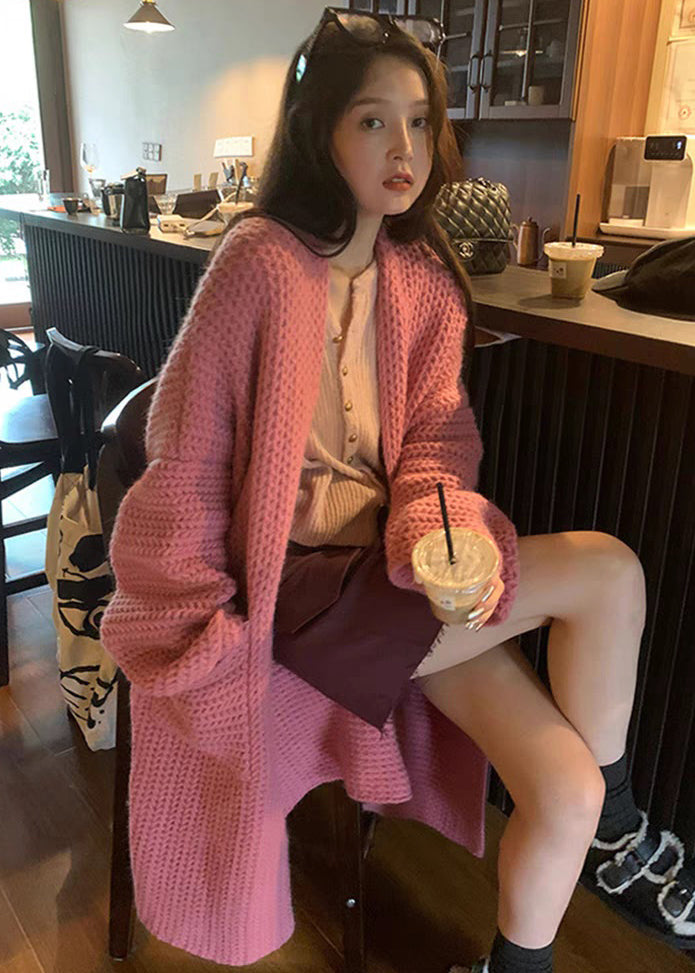 Pink Pockets Hollow Out Knit Cardigans Long Sleeve
