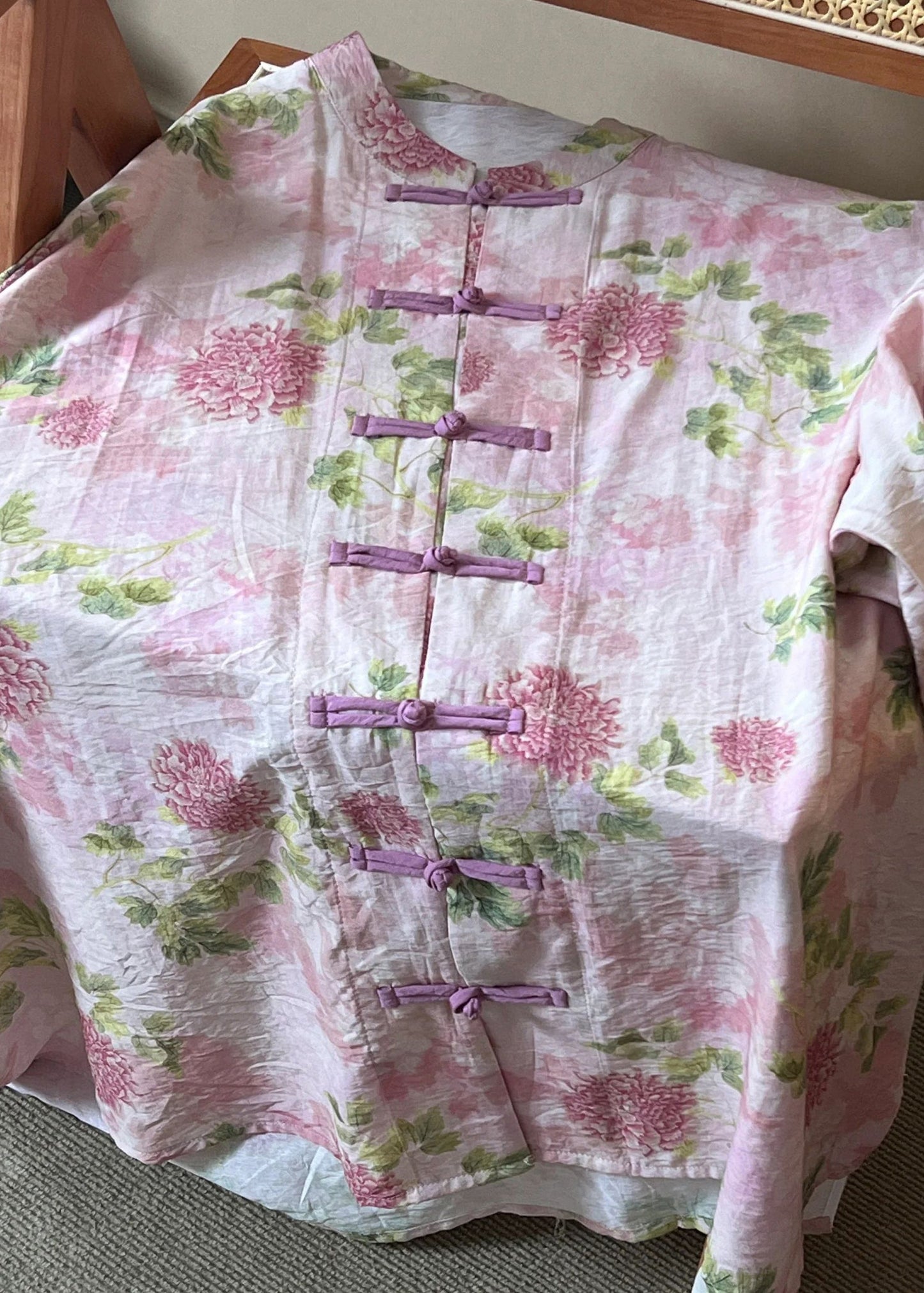 Pink Print Chinese Button Cotton Shirts Long Sleeve