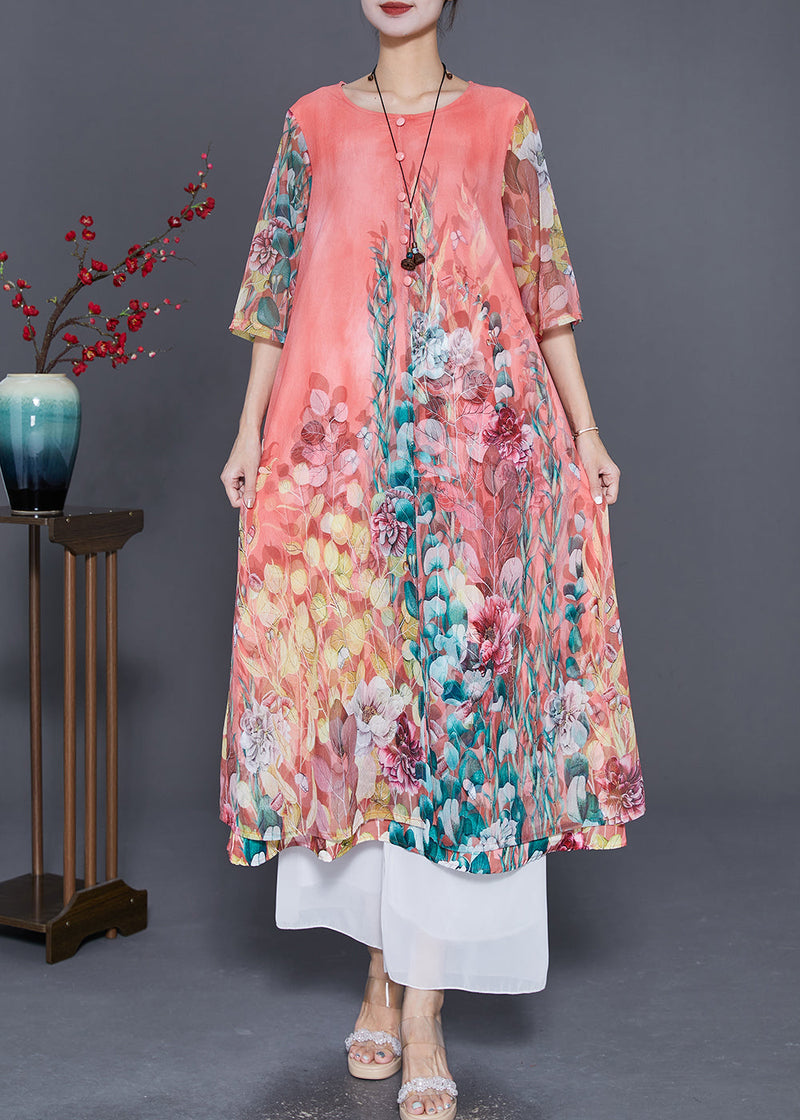 Pink Print Draping Chiffon Fake Two Piece Dresses Summer