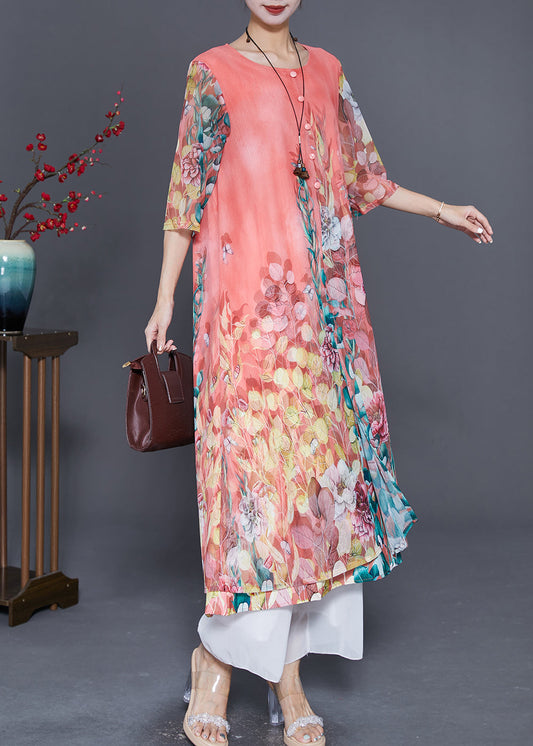 Pink Print Draping Chiffon Fake Two Piece Dresses Summer