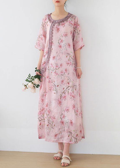Pink Print Embroidery Oriental Summer Linen Dress