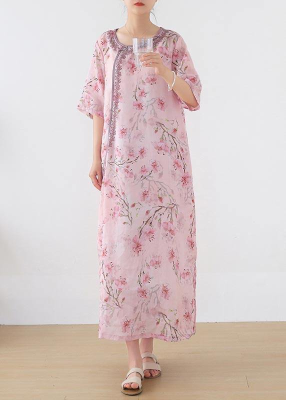 Pink Print Embroidery Oriental Summer Linen Dress