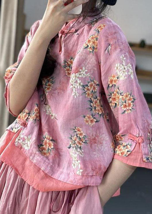 Pink Print Patchwork Blouses Half Sleeve