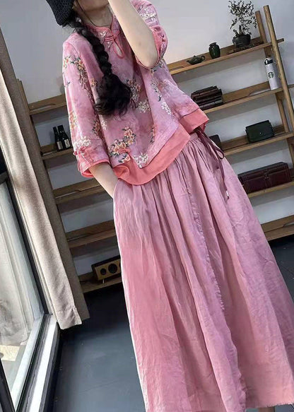 Pink Print Patchwork Blouses Half Sleeve