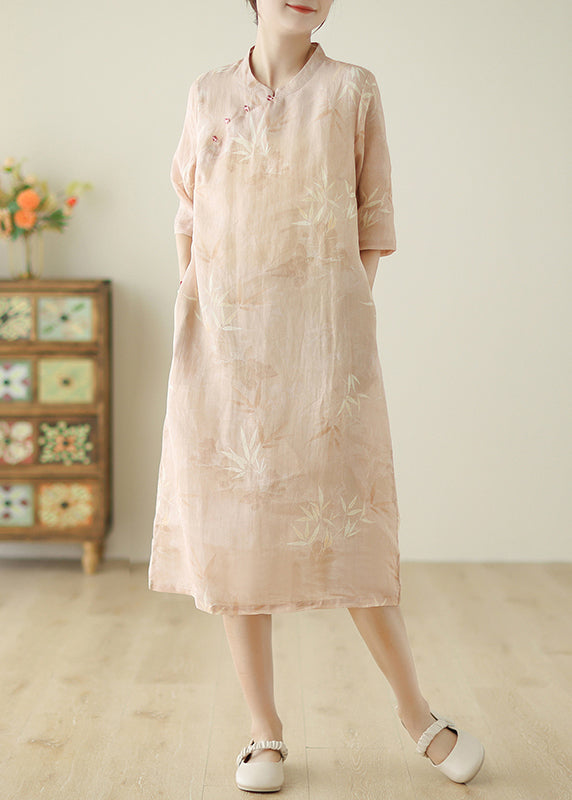 Pink Print Pockets Cotton Dress Half Sleeve