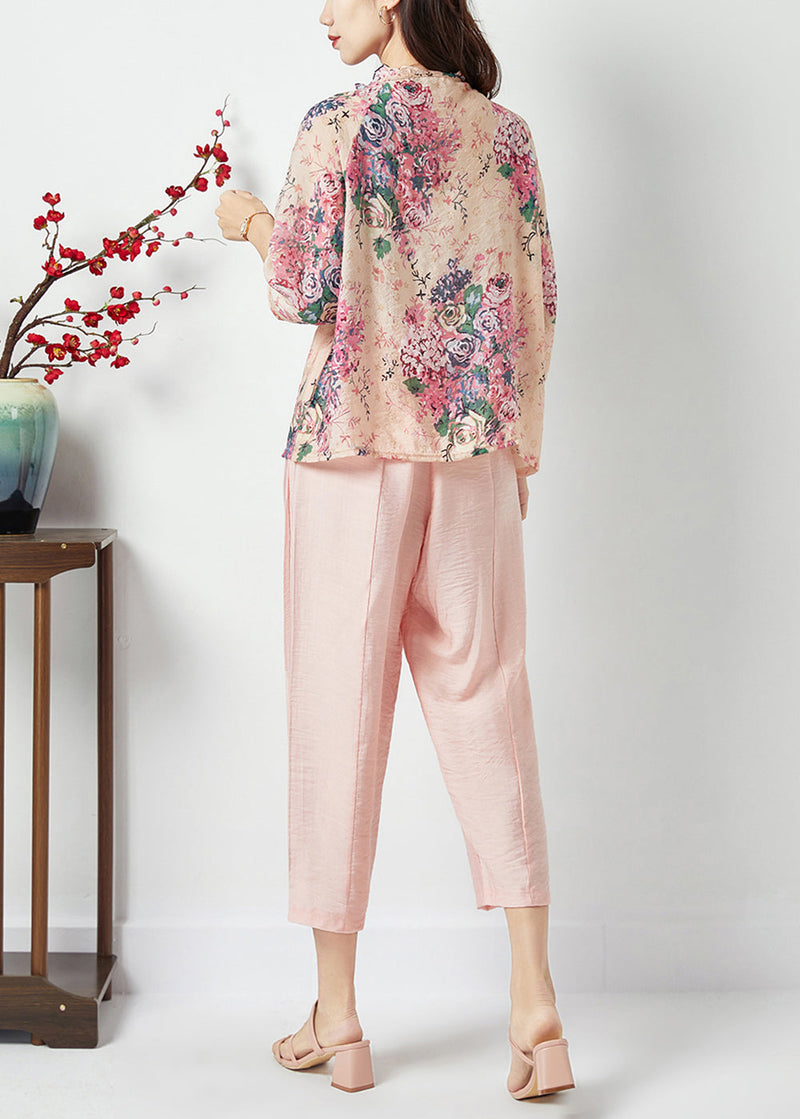 Pink Print Ruffled Lace Up Cotton Two Piece Suit Set Bracelet Sleeve