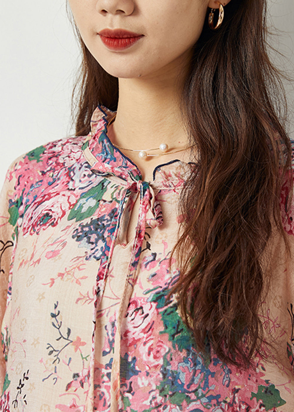 Pink Print Ruffled Lace Up Cotton Two Piece Suit Set Bracelet Sleeve