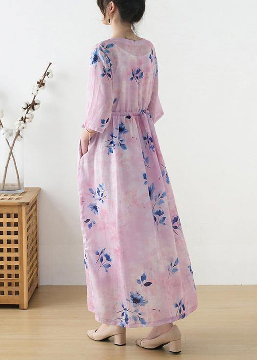 Pink Print Tie Waist Maxi Dresses Summer Ramie