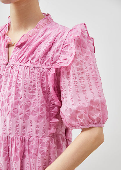 Pink Puff Sleeve Ruffled Wrinkled Day Dress Summer