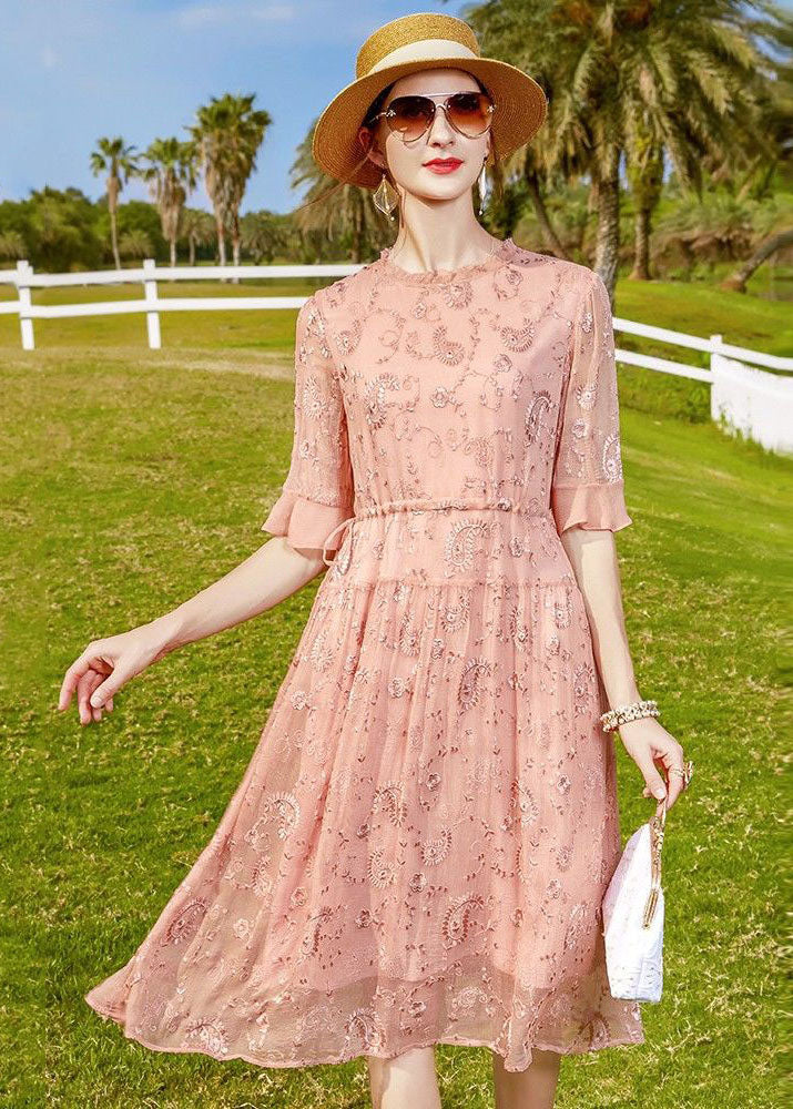 Pink Ruffled Embroideried Tie Waist Silk Cinch Dress Half Sleeve