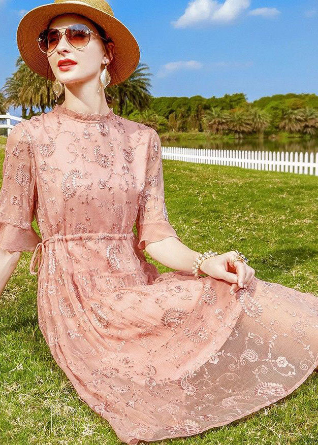 Pink Ruffled Embroideried Tie Waist Silk Cinch Dress Half Sleeve