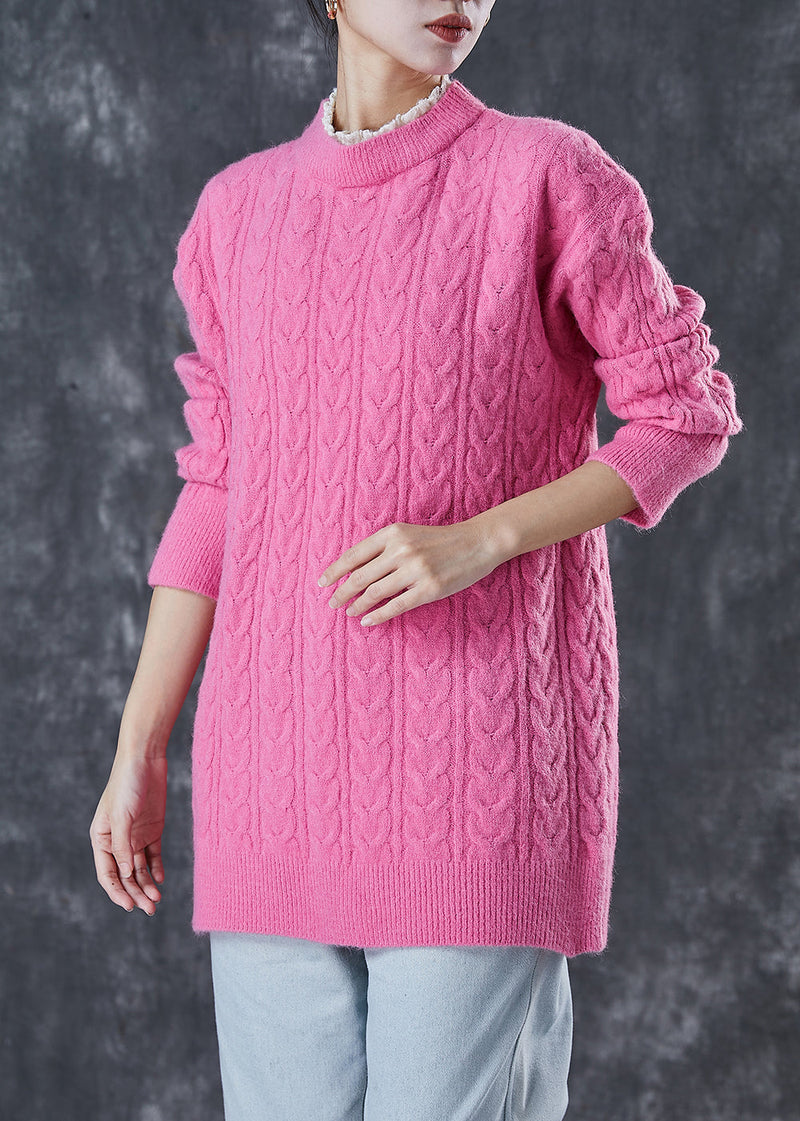 Pink Ruffled Patchwork Thick Knit Pullover Winter