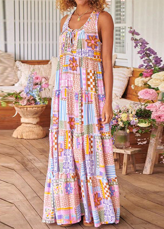 Pink Ruffled Print Cotton Long Dresses Sleeveless