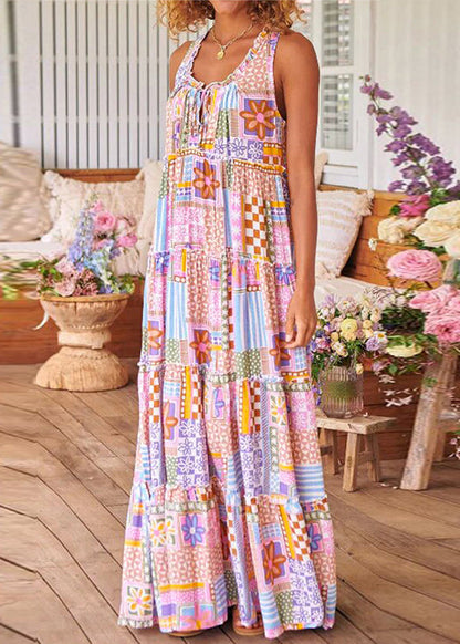Pink Ruffled Print Cotton Long Dresses Sleeveless