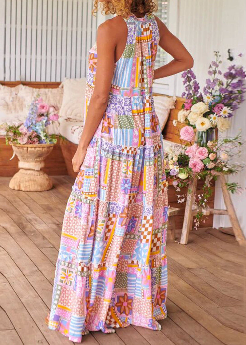 Pink Ruffled Print Cotton Long Dresses Sleeveless