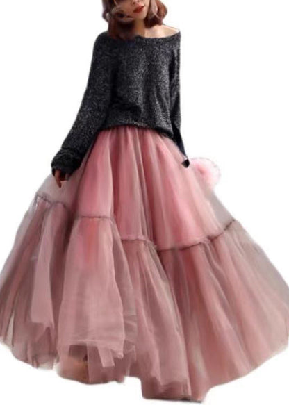 Pink Ruffled Tulle Cinched Circle Fall Skirt