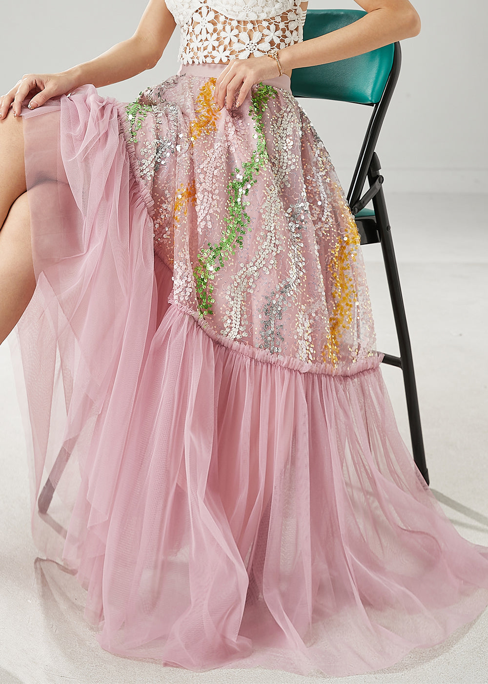 Pink Sequins Patchwork Tulle Skirts Spring